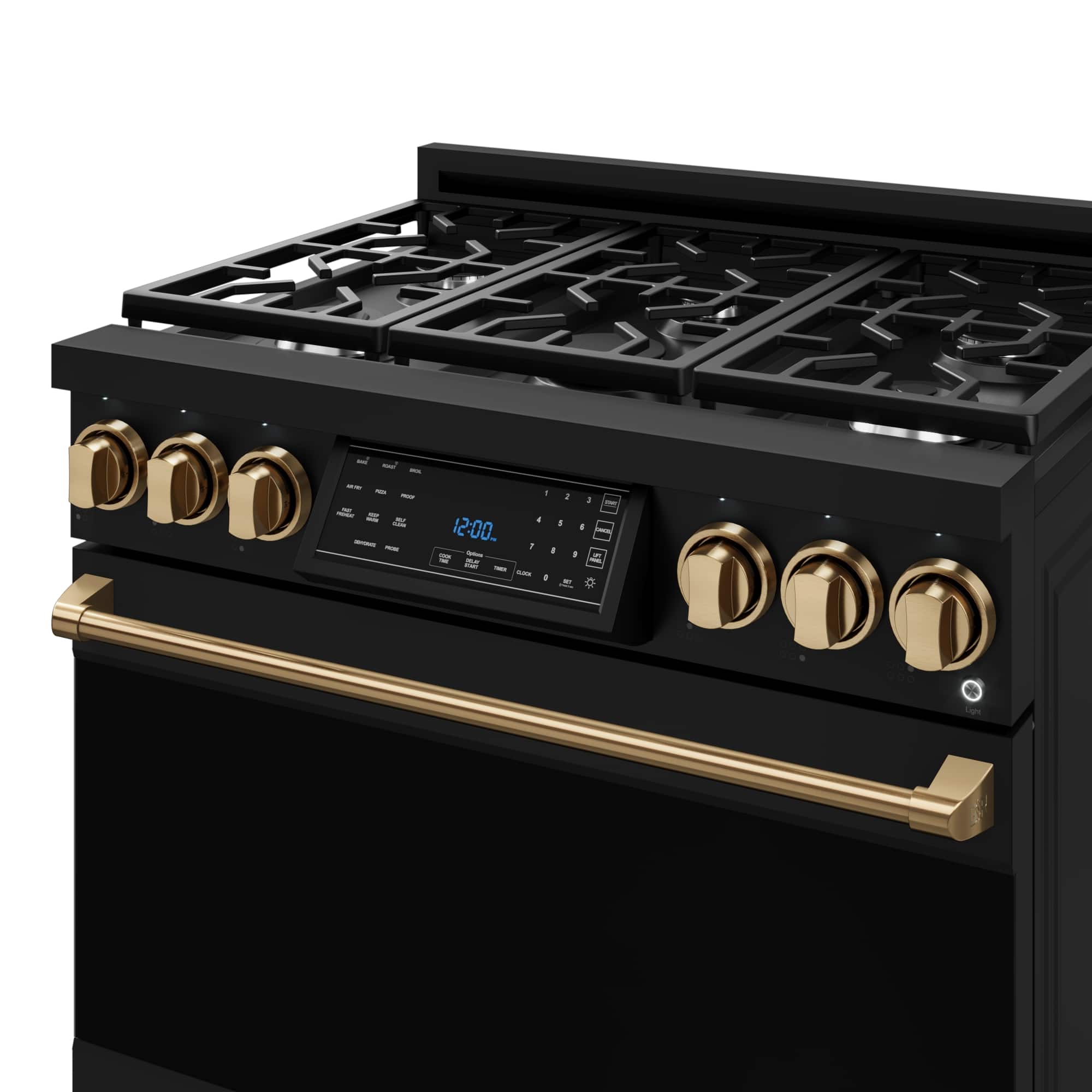 The image shows a black and gold oven with a digital display. The display shows the time of 12:00, and the oven has a timer with gold knobs. The oven is likely a modern, high-tech appliance with various features and functions.