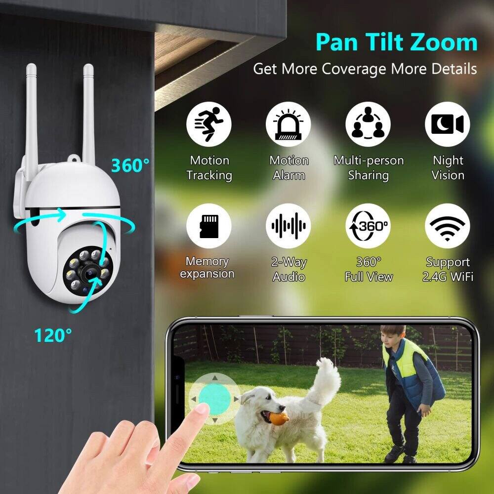Pan Tilt Zoom  
Get More Coverage More Details  

- 360° Motion Tracking  
- Motion Alarm  
- Multi-person Sharing  
- Night Vision  
- Memory expansion  
- 2-Way Audio  
- 360° Full View  
- Support 2.4G WiFi  

120°