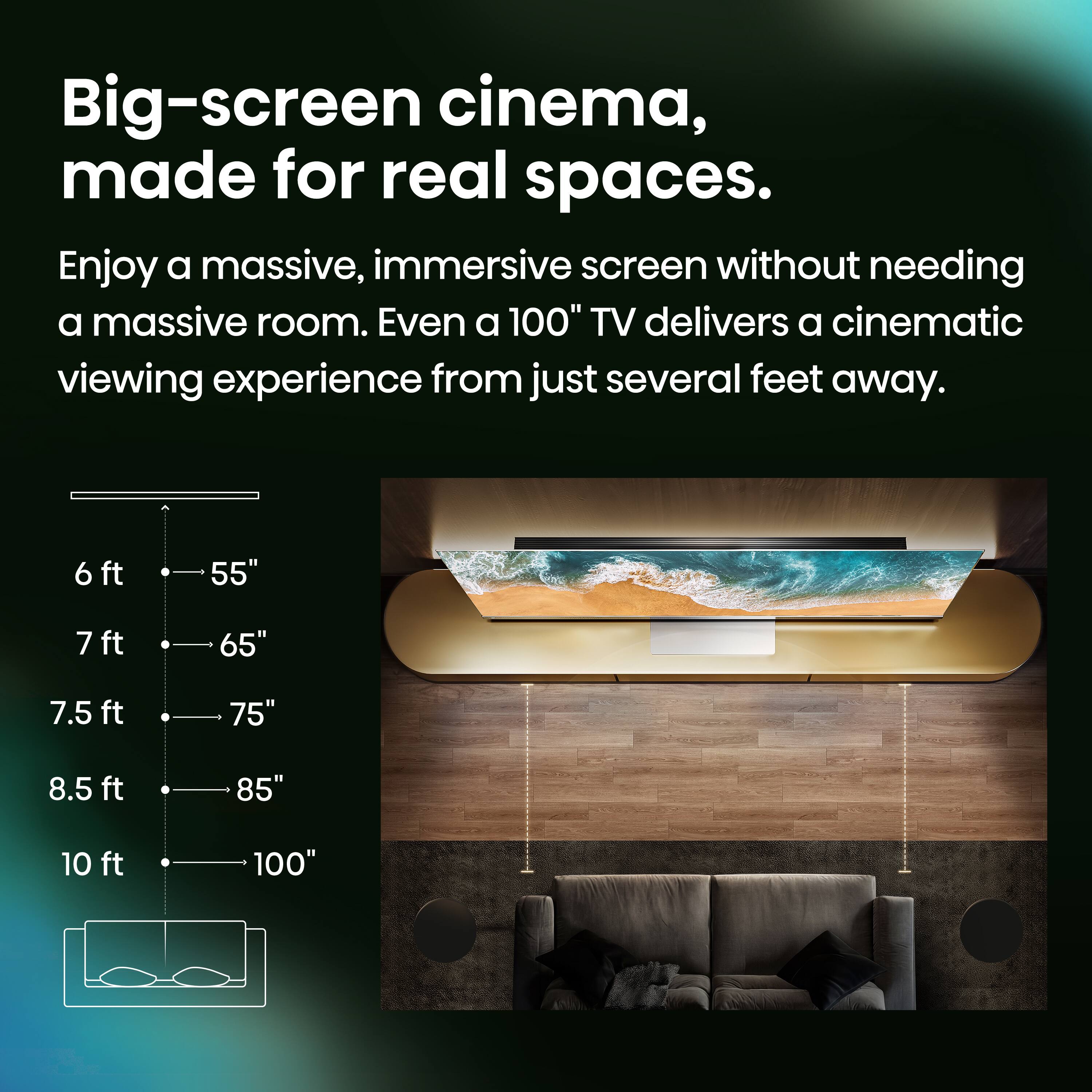 Big-screen cinema, made for real spaces. Enjoy a massive, immersive screen without needing a massive room. Even a 100" TV delivers a cinematic viewing experience from just several feet away.

6 ft - 55"
7 ft - 65"
7.5 ft - 75"
8.5 ft - 85"
10 ft - 100"