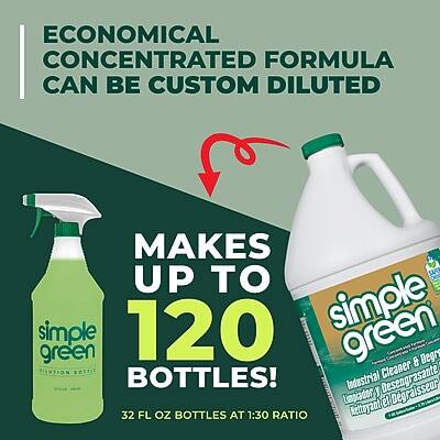 ECONOMICAL CONCENTRATED FORMULA CAN BE CUSTOM DILUTED

MAKES UP TO 120 BOTTLES!

32 FL OZ BOTTLES AT 1:30 RATIO

simple green
Industrial Cleaner & Degreaser
Dégraissant Industriel et Dégraisseur