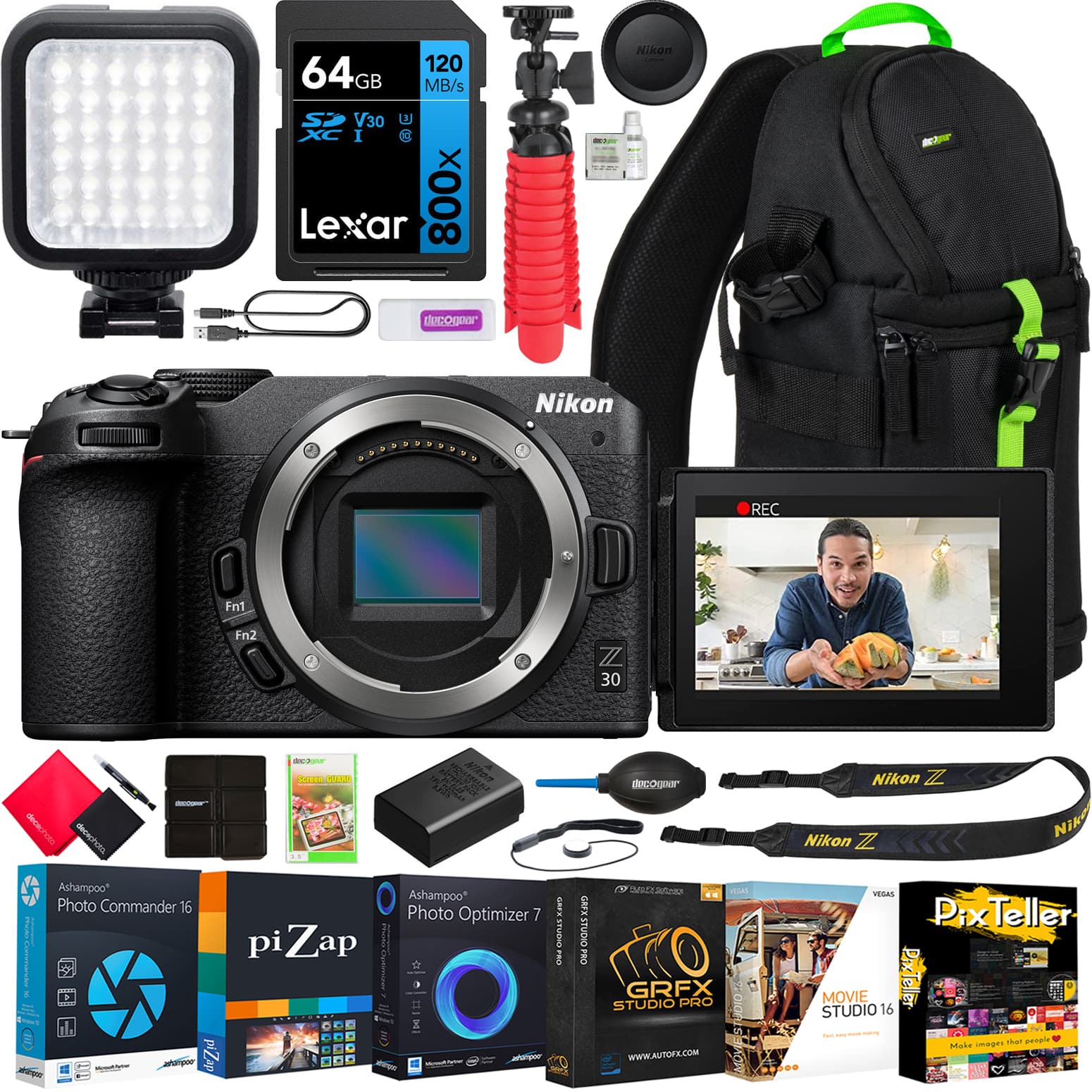 Nikon - Z 30 Mirrorless Camera 4K DX Body Kit + Deco Gear Backpack +LED Accessory Bundle