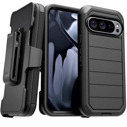 Front. RomeTech - Defender Case for Google Pixel 10 Pro XL with Belt Clip, Kickstand, Dual-Layer, Black - Black.