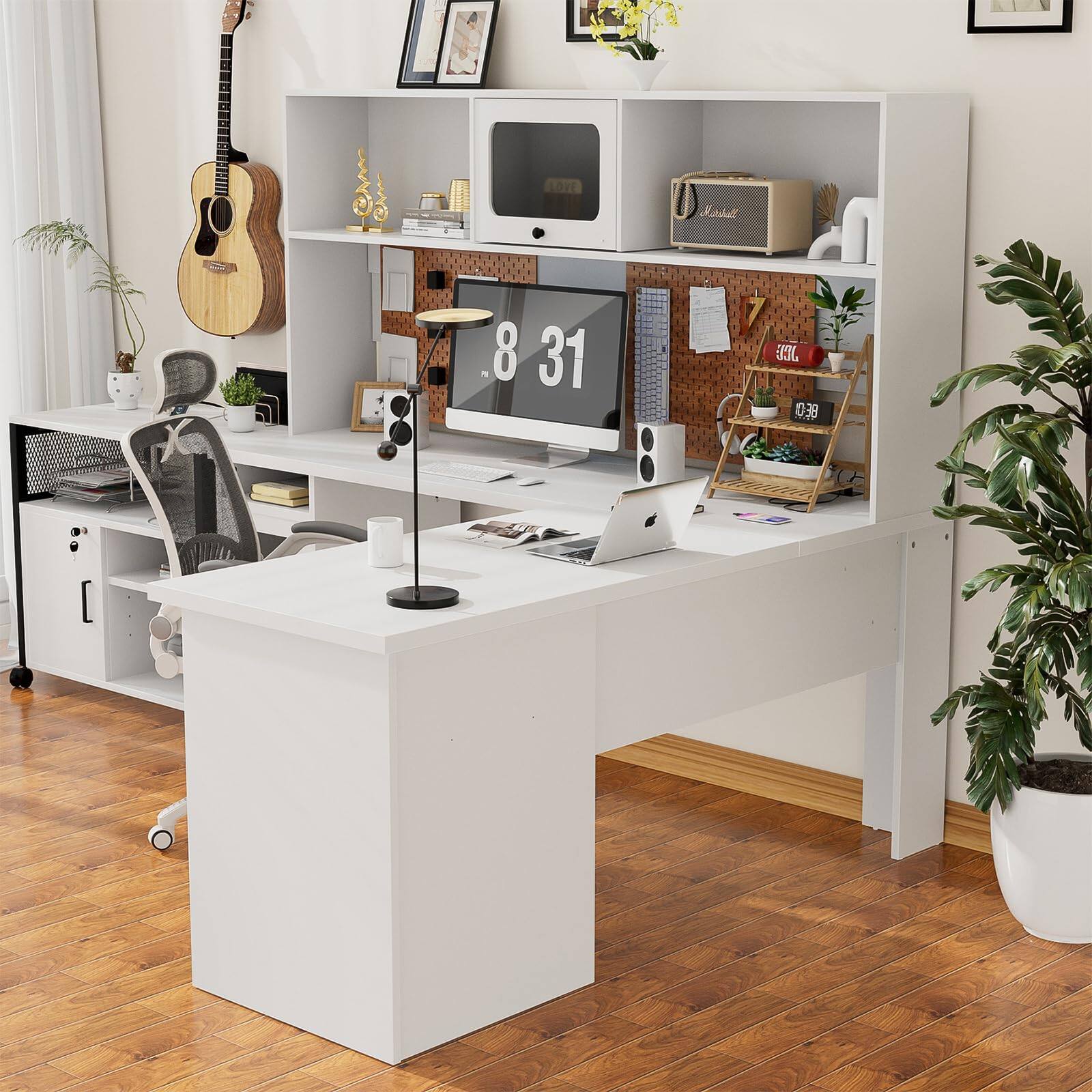 Alt View 3. Aheaplus - L Shaped Desk with Hutch, 60'' Corner Desk Workstation with Charging Station and File Cabinet - White.