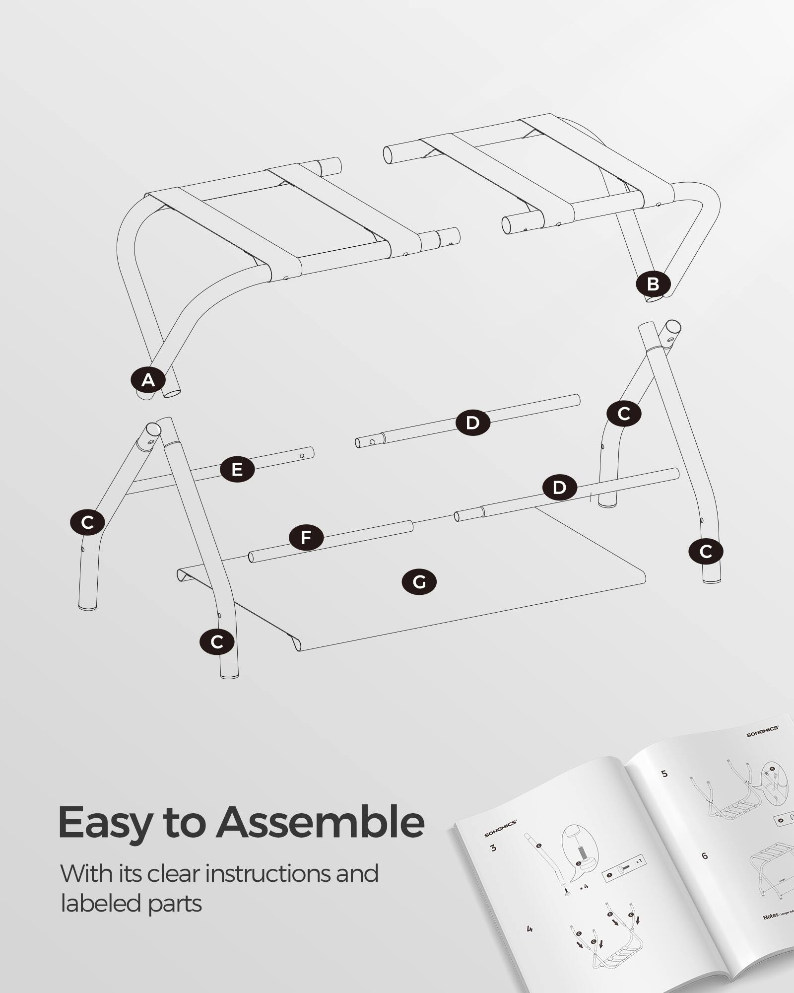 A C D C E D C F C G C - 5 Easy to Assemble - 3 With its clear instructions and labeled parts 4 - O - I  6 - 0 ntates