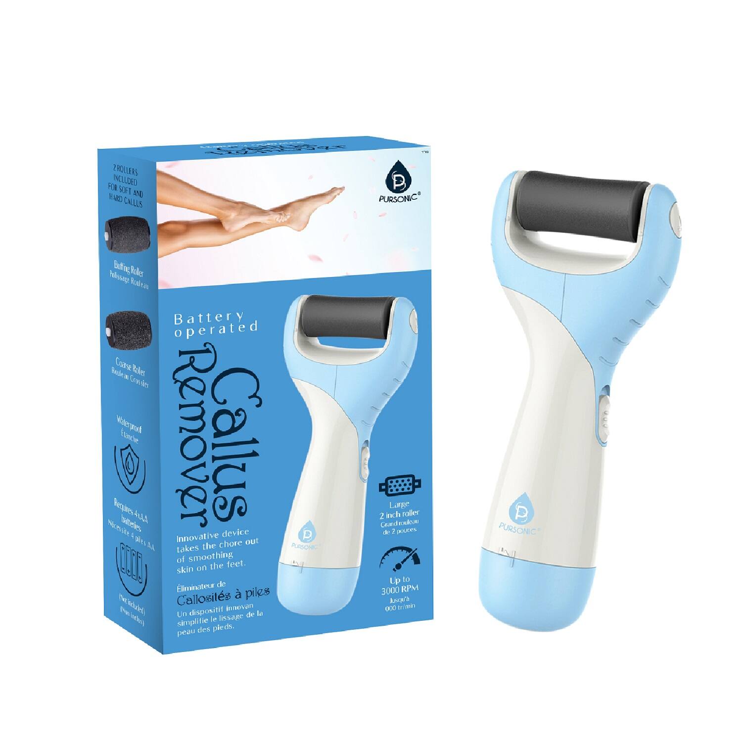 PHOLLERS FOR SOFT AND HARD CALLUS REMOVER Battery operated Callus Remover Innovative device takes the chore out of smoothing the skin on the feet. Eliminateur de Callosités Pils Un dispositif innovant simplifie le lissage de la peau des pieds. 2 inch roller Caved CnRe a Rut Lp to 3000 RPM Ancara 10D trmen PURSONIC
