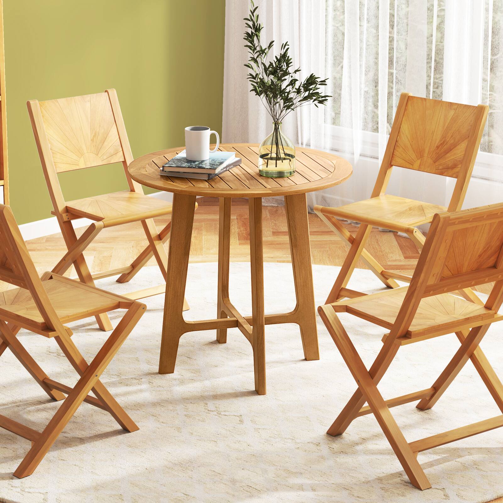 Alt View 3. Gymax - Gymax 31.5'' Patio Dining Table Round Teak Wood Dining Table w/ Slatted Tabletop Garden - Natural.