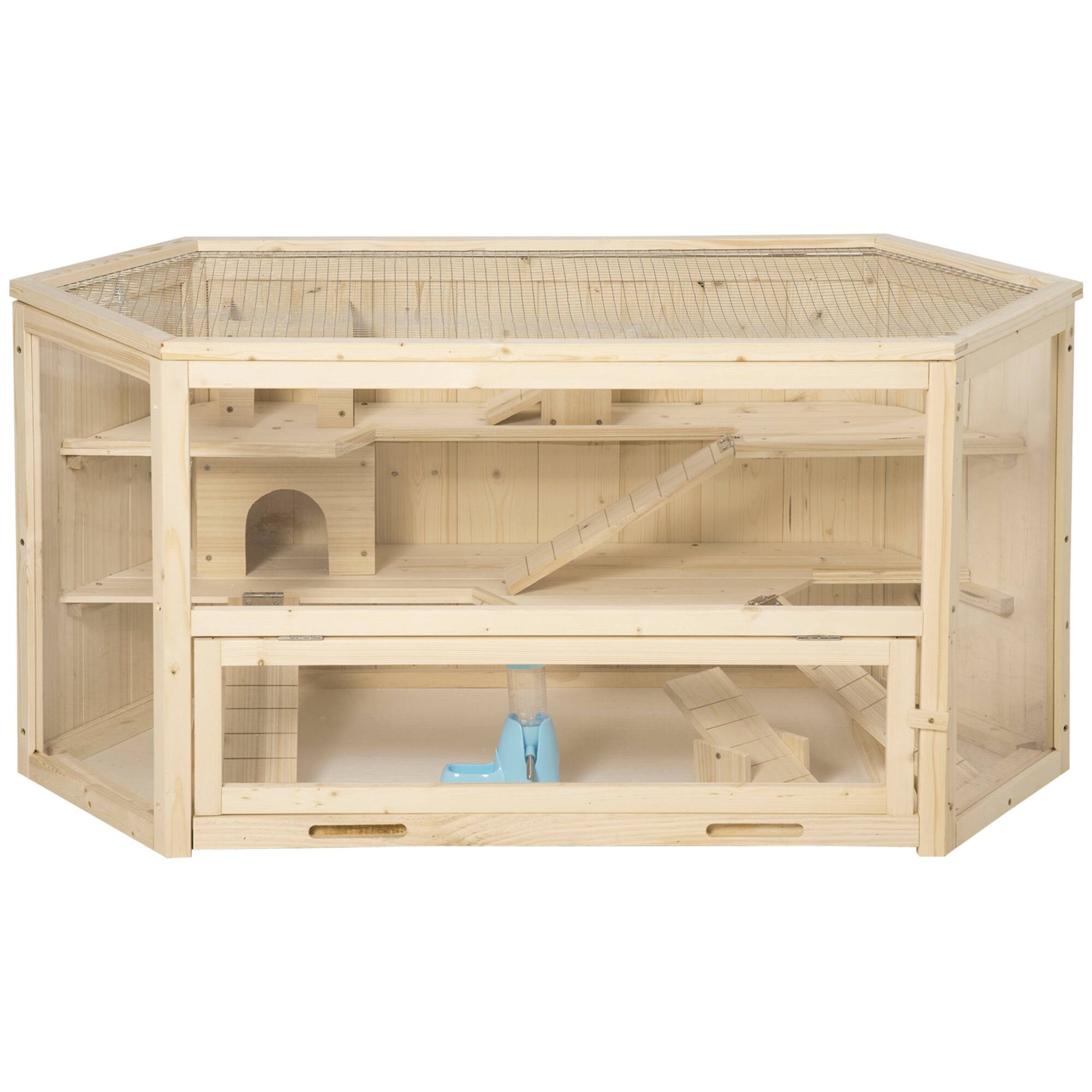 Pawhut - Wooden Large Hamster Cage, Animal Exercise Play House 3 Tier with Tray, Seesaws, Water Bottle, Activity Center price history on PriceWatchPro