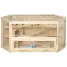 Pawhut - Wooden Large Hamster Cage, Animal Exercise Play House 3 Tier with Tray, Seesaws, Water Bottle, Activity Center