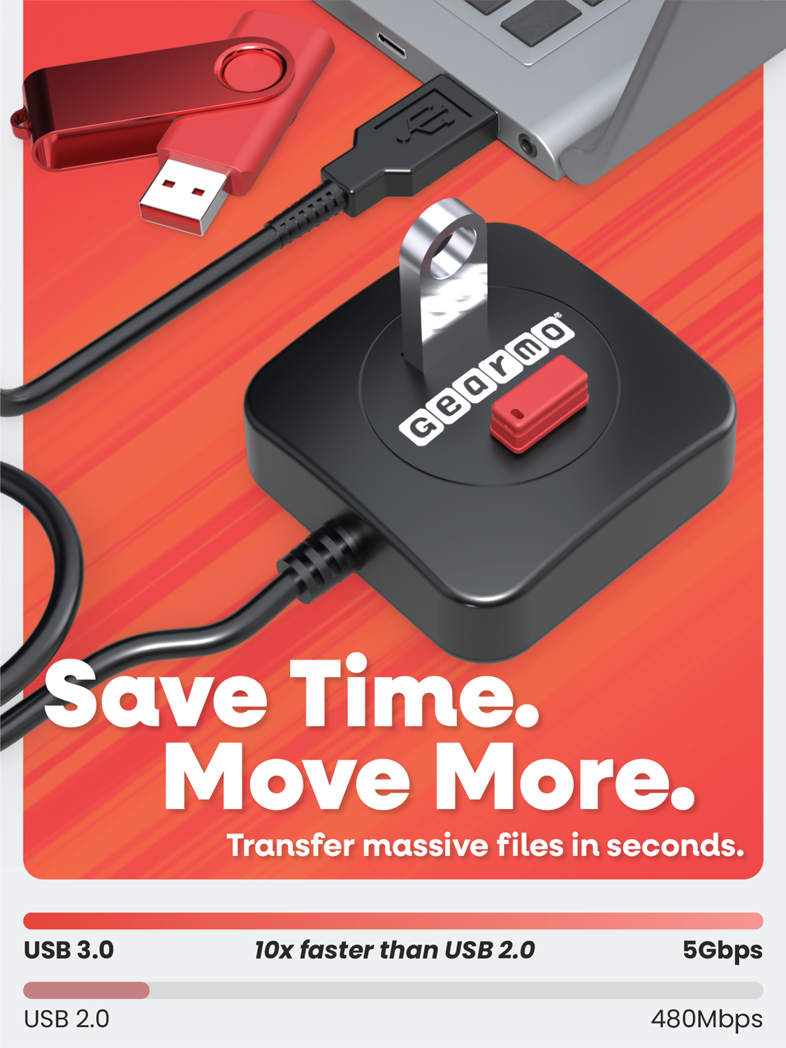 Save Time. Move More.  
Transfer massive files in seconds.

USB 3.0  
10x faster than USB 2.0  
5Gbps

USB 2.0  
480Mbps