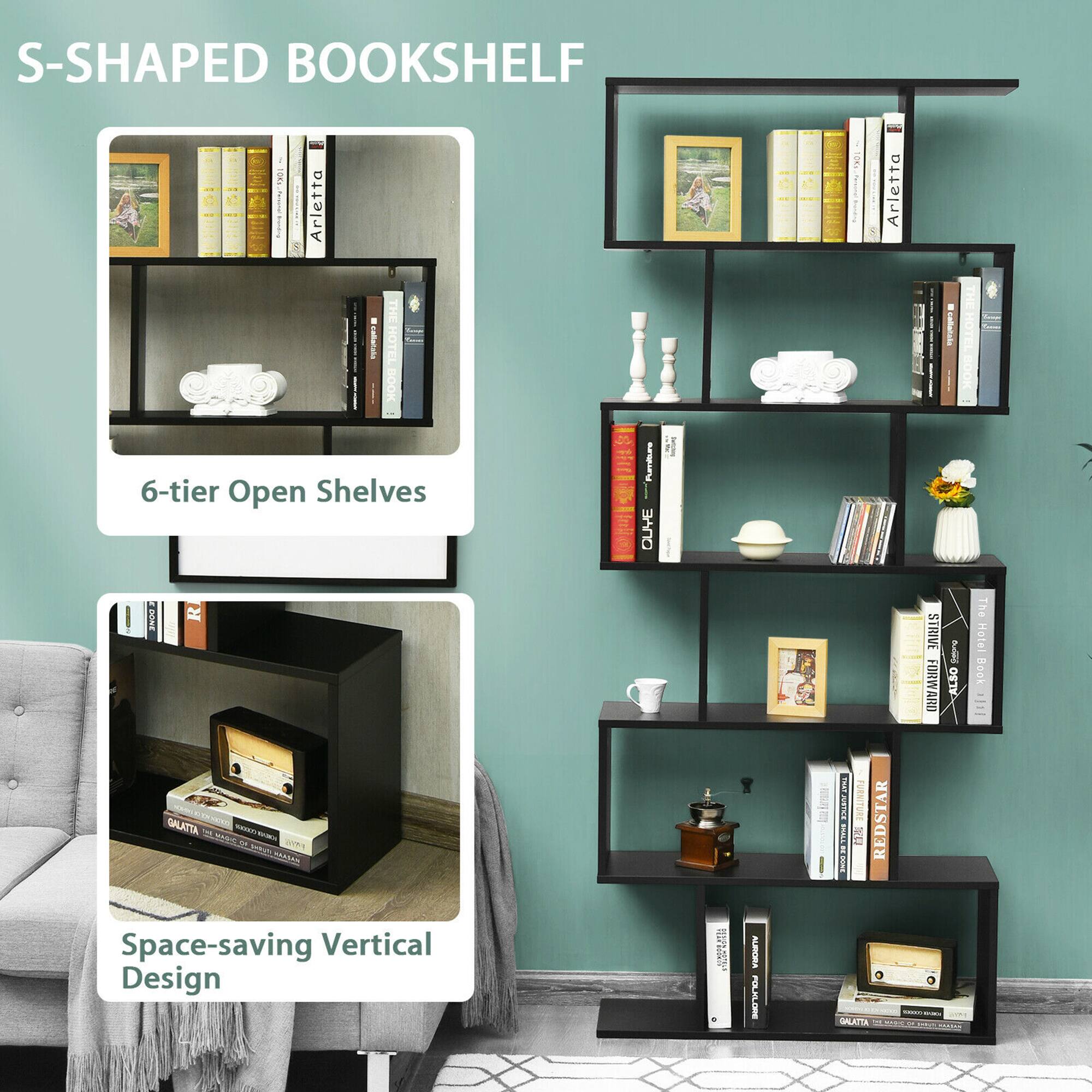 S-SHAPED BOOKSHELF - i ! I Arletta ! nE - Arletta Ar I i THE BOOK . I 6-tier Open Shelves 0 Purraore I CUYE i I P R STRIVE FORWARD I ALSO The Hotel Rook GALATZA COTENN A - - PR - -   MCAL Sea a M  FURNITURE 1 REDSTAR Space-saving Vertical Design ! ALERIMA P1 SRLATTA