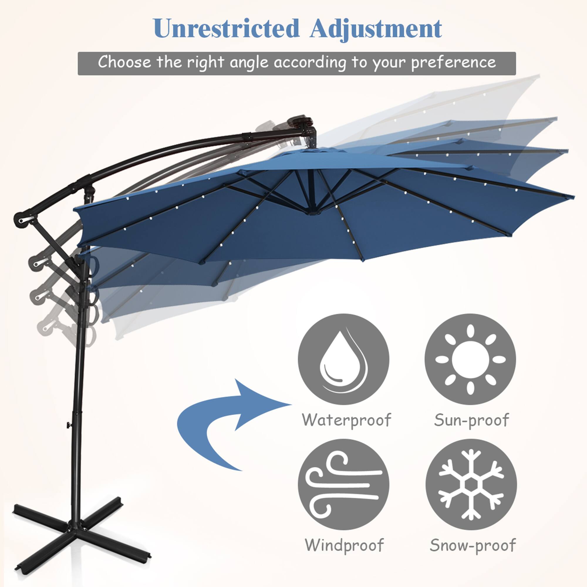 Unrestricted Adjustment, Choose the right angle according to your preference, Waterproof, Sun-proof, Windproof, Snow-proof