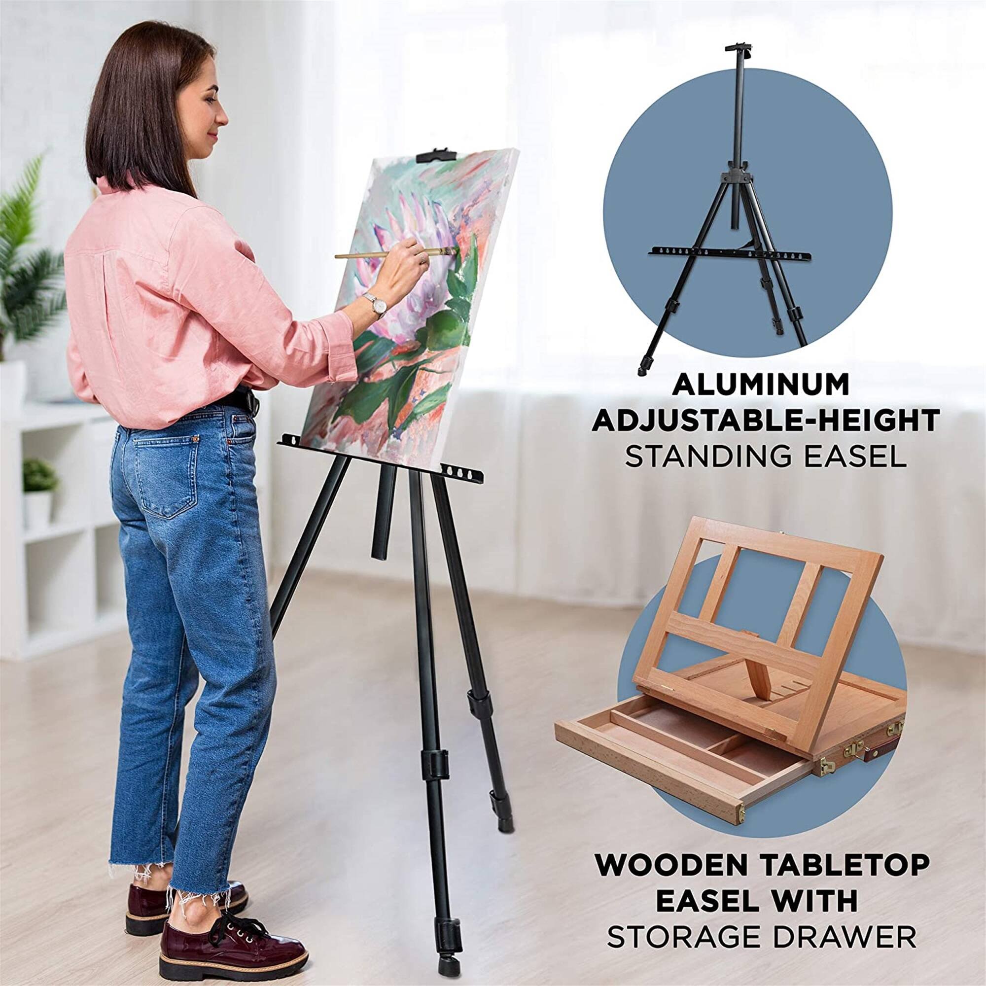 ALUMINUM ADJUSTABLE-HEIGHT STANDING EASEL
WOODEN TABLETOP EASEL WITH STORAGE DRAWER