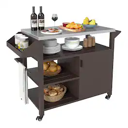 Costway - Outdoor Grill Cart Movable Prep Table with Storage Cabinet Shelves for BBQ - Brown