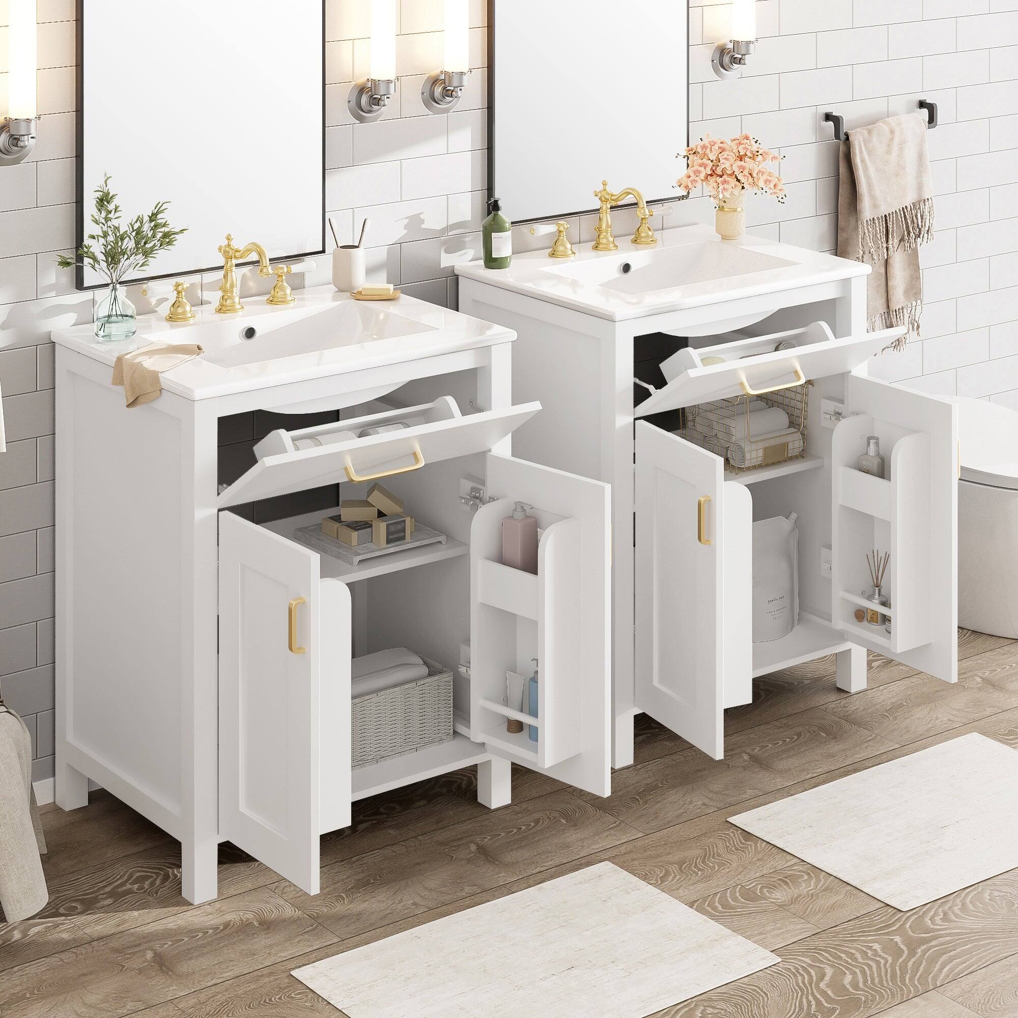 Alt View 5. Boyel Living - 48 Inch Double Bathroom Vanity with Dual Ceramic Sinks, Soft-Close Doors, Flip Drawer, Gold Handles, Adjustable Shelf - White.
