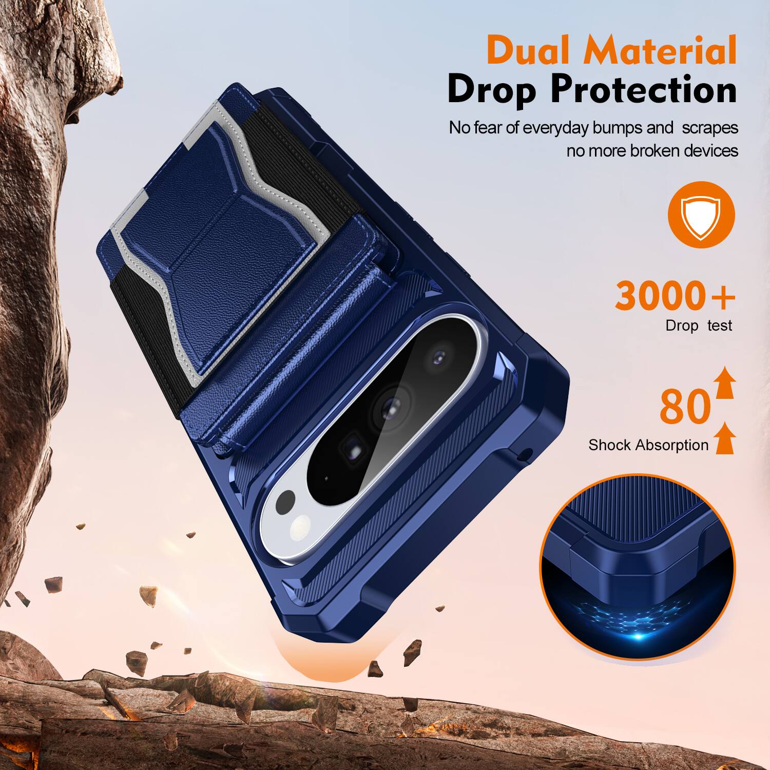 Dual Material Drop Protection  
No fear of everyday bumps and scrapes, no more broken devices  

3000+ Drop test  
80 Shock Absorption