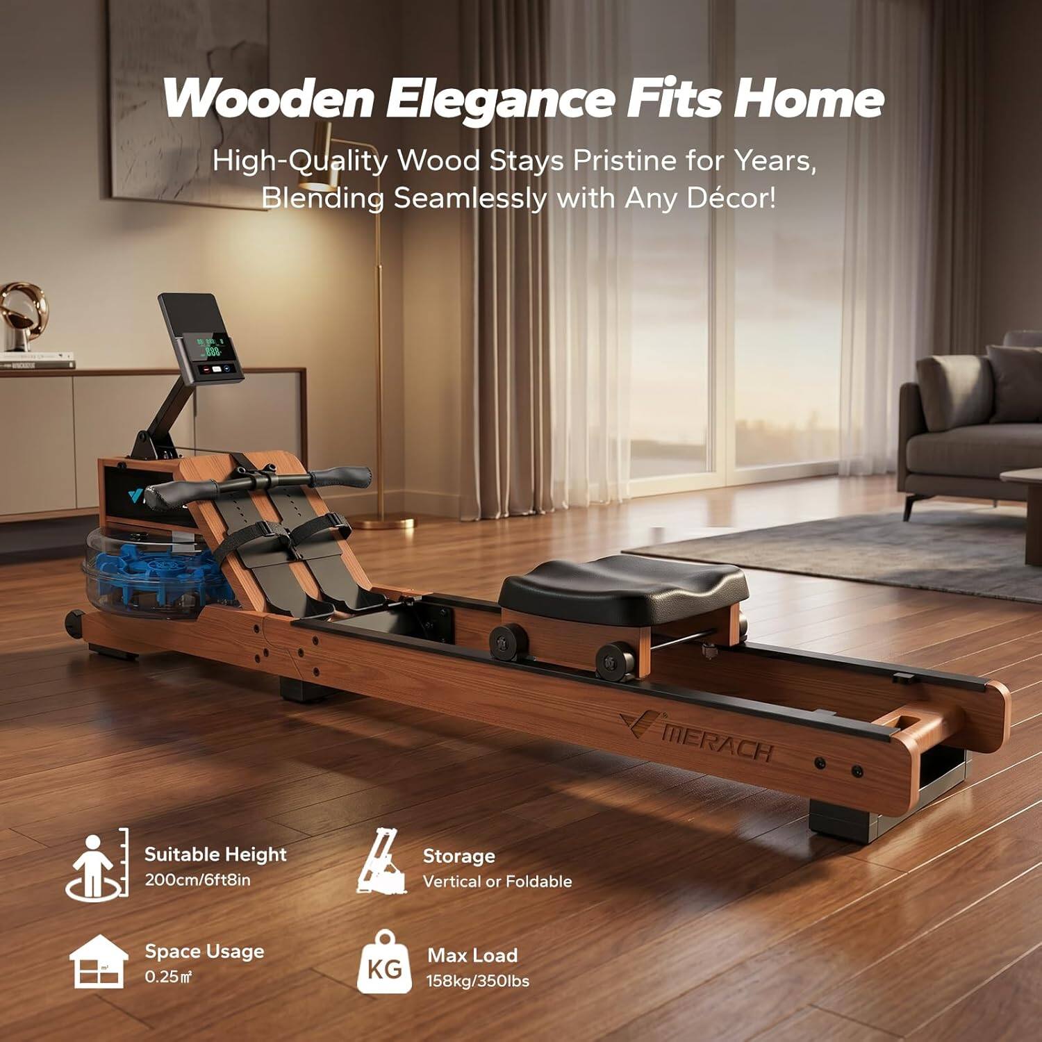 Wooden Elegance Fits Home  
High-Quality Wood Stays Pristine for Years, Blending Seamlessly with Any Décor!  

MERACH  
Suitable Height: 200cm/6ft8in  
Storage: Vertical or Foldable  
Space Usage: 0.25m²  
Max Load: 158kg/350lbs
