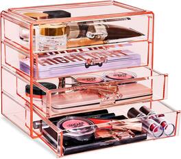 Sorbus - Makeup Organizer - 4 Drawer Acrylic Make Up Organizers and Storage for Cosmetics, Jewelry, Beauty Supplies - Clear Pink