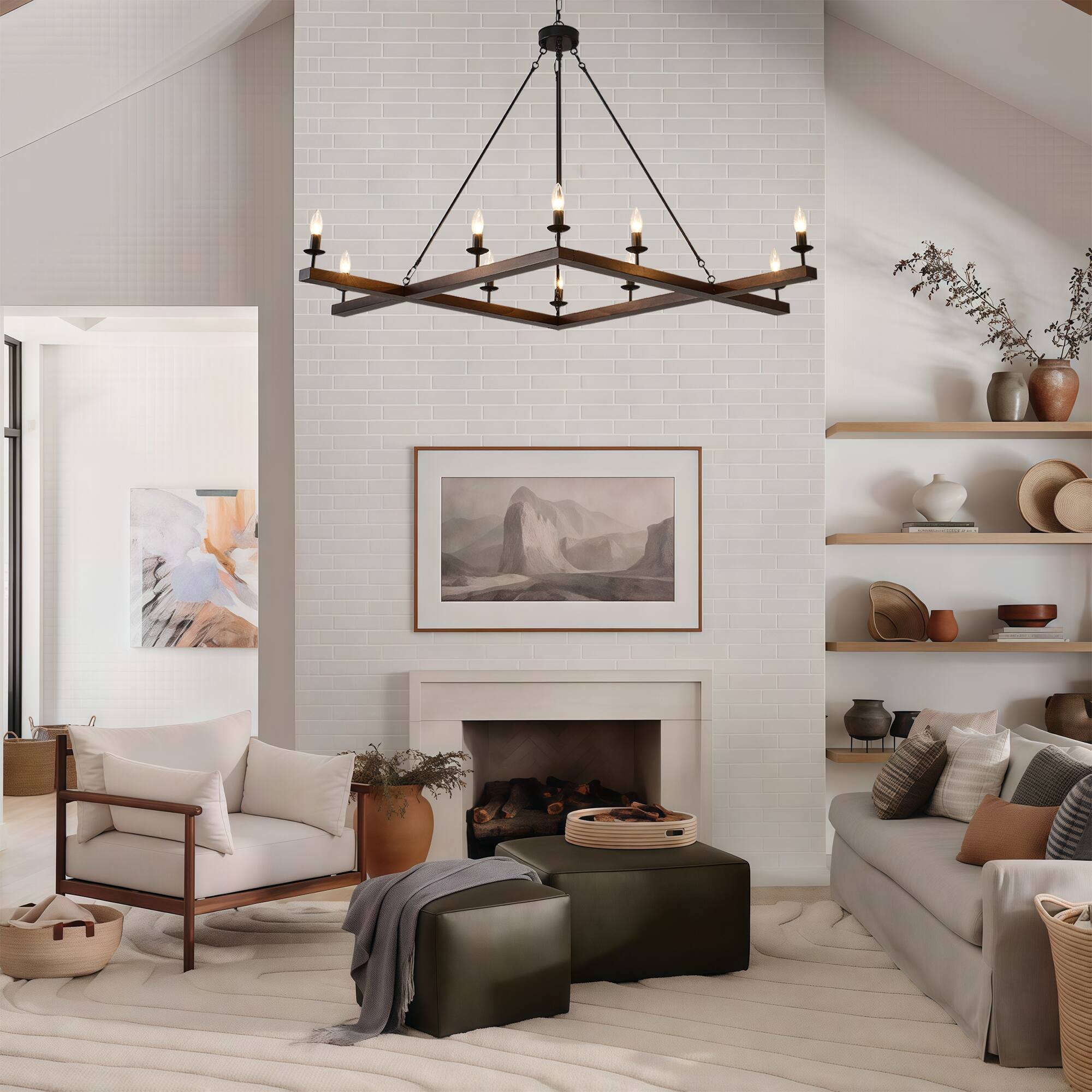 Angle. RYHNUYNE - 10-Light Farmhouse Chandeliers, 37'' Rustic Square Chandelier Light Fixture, Industrial Pendant Light Fixture for Dining - Black.