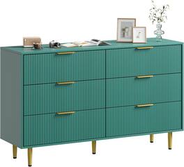 GARVEE - Fluted Dresser for Bedroom with 6 Drawers, Wooden Chest of Drawers with Metal Handle & Feet, Dresser for Living Room - Green