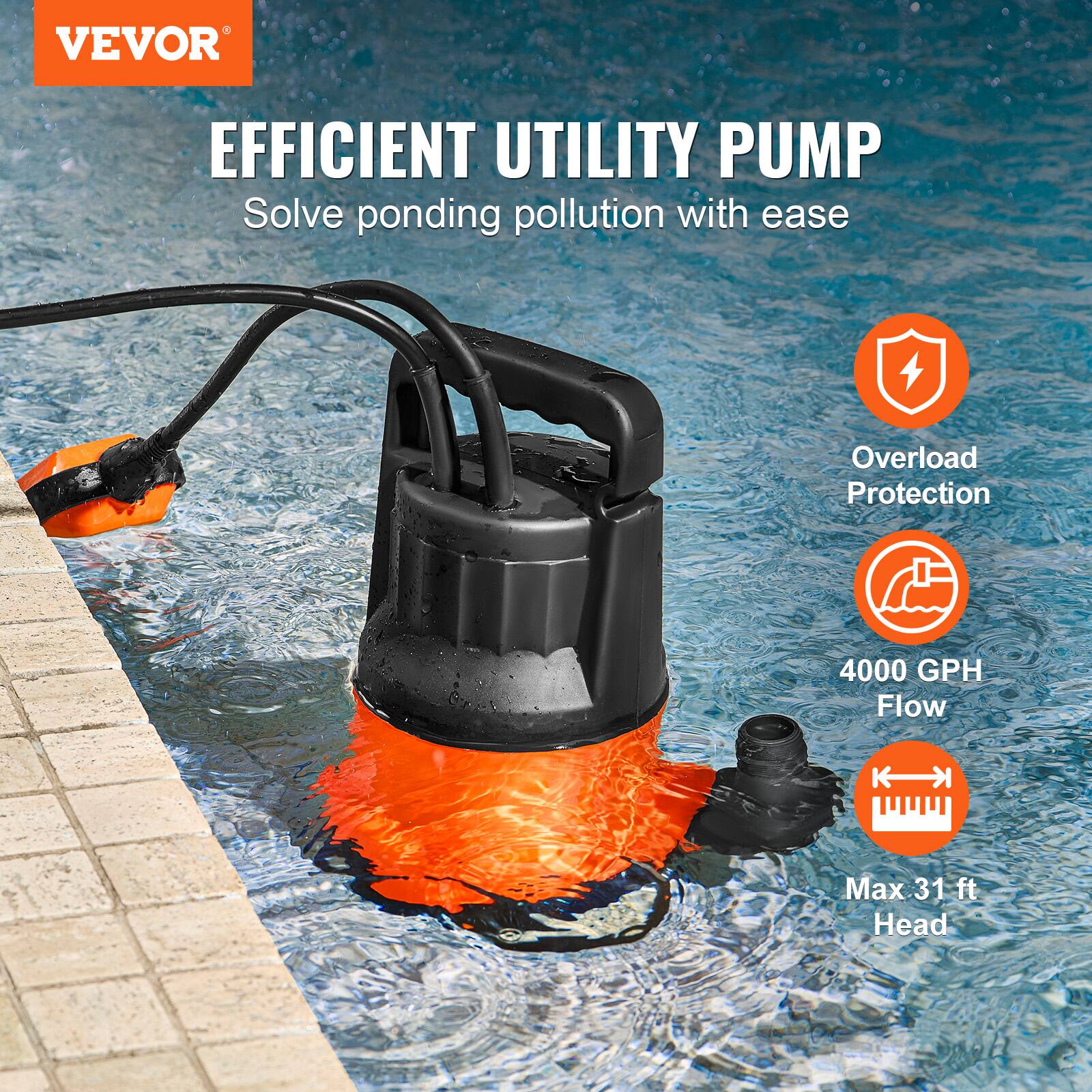 VEVOR  
EFFICIENT UTILITY PUMP  
Solve ponding pollution with ease  
Overload Protection  
4000 GPH Flow  
Max 31 ft Head