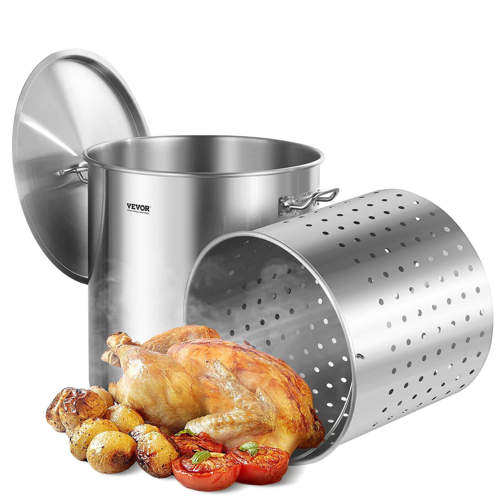 Front. VEVOR - Stainless Steel Stockpot, 84 Quart Large Cooking Pots, Cookware Sauce Pot with Basket, Lid, and Handle, Grade Stock Pot - Stainless steel color.