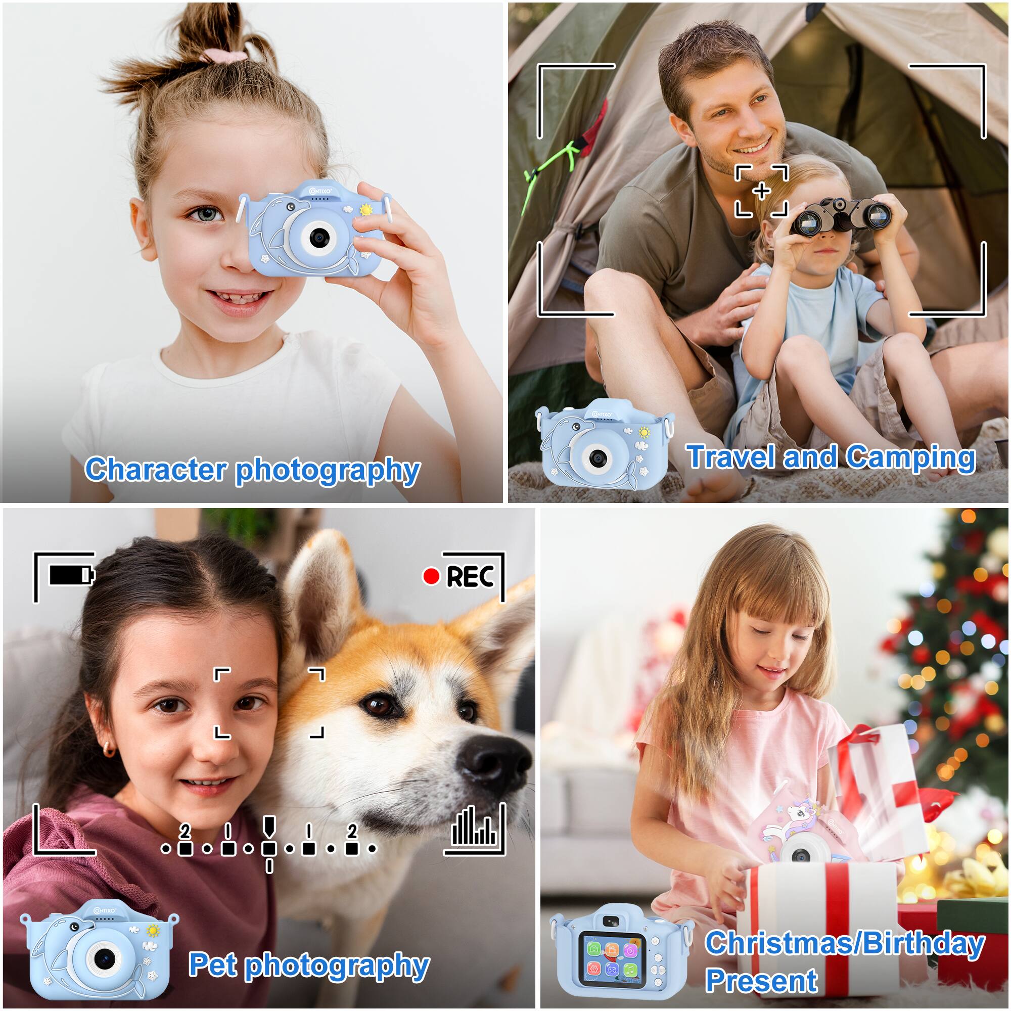 The text on the image is grouped as follows:

1. Character photography: A girl taking a picture of a dog.
2. Travel and Camping: A man holding a child and a dog.
3. Pet photography: A girl taking a picture of a dog.
4. Christmas/Birthday present: A girl taking a picture of a dog.

The text in each group is correct.