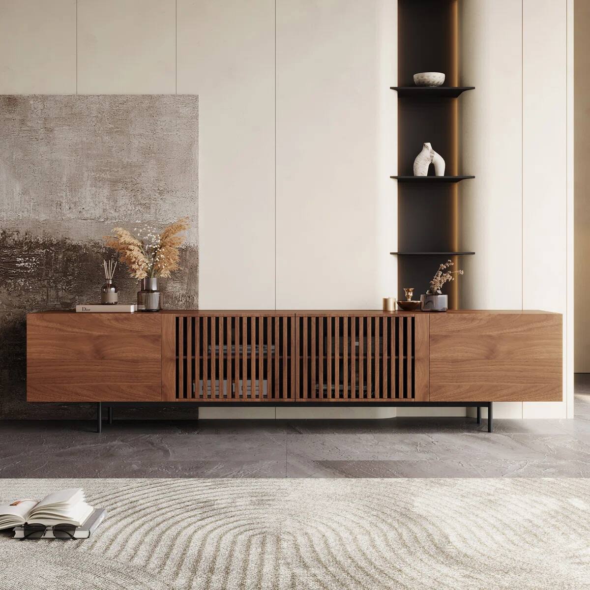 Left. luck idea - 94.48" Fluted Wood TV Stand for TVs Up to 100", Modern Media Console with Soft Close Doors, Walnut Entertainment Center - brown.