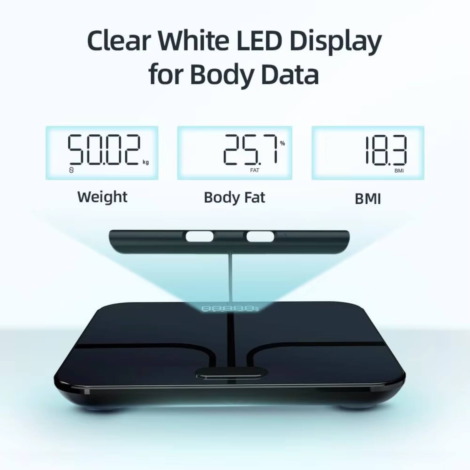 Clear White LED Display for Body Data

50.02 kg  
25.7% FAT  
18.3 BMI
