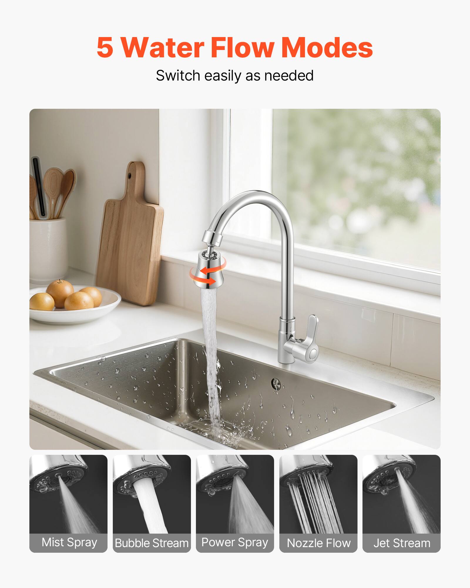 5 Water Flow Modes  
Switch easily as needed  

- Mist Spray  
- Bubble Stream  
- Power Spray  
- Nozzle Flow  
- Jet Stream
