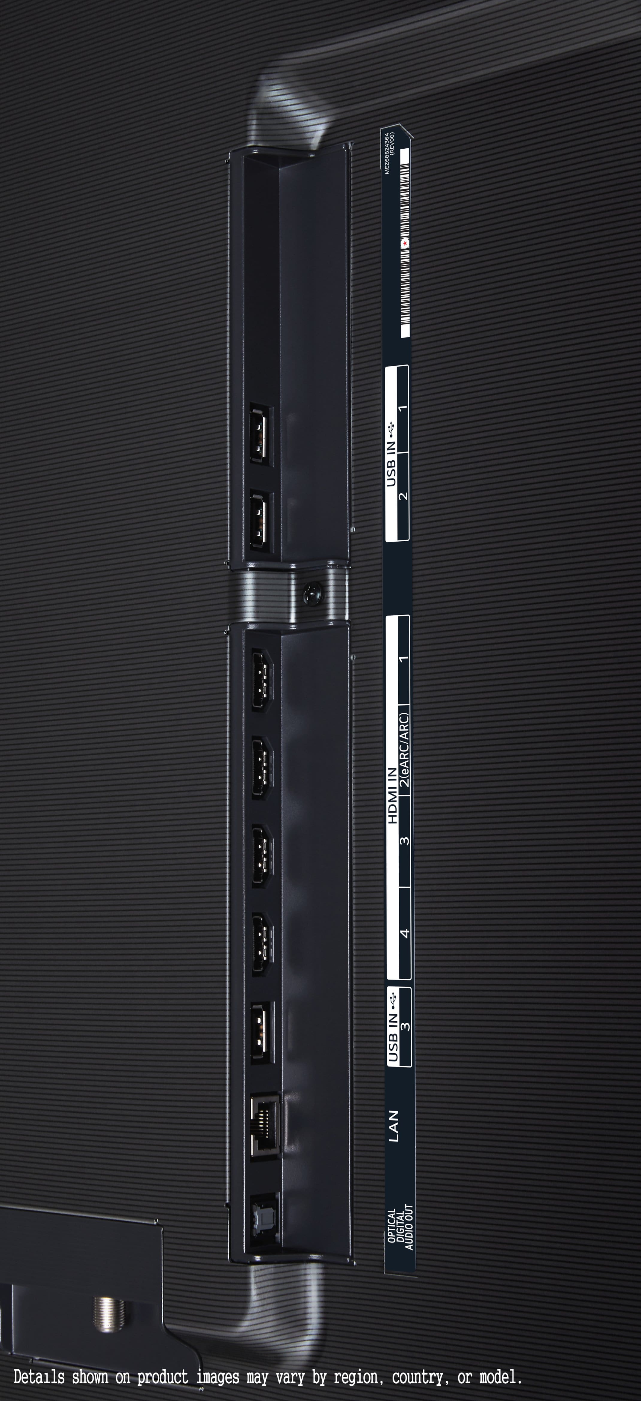 The text on the image reads: "ETIn 50A90 IN USB IN 2(ARC/ARC) HDMLIN 3 4 I IN 3 USB LAN OUT OPTICAL DIGITAL AUDIO Details shown on product images may vary by region, country, or model."