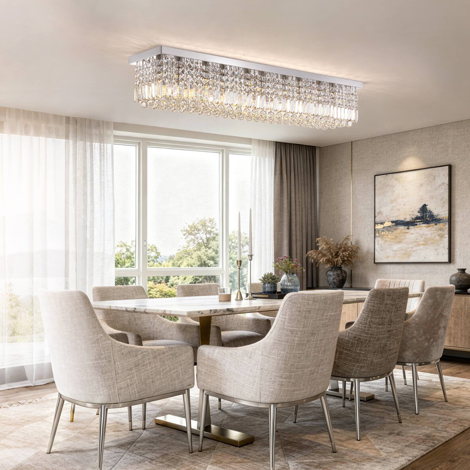 Alt View 1. Siljoy - 47.2" 10-Light Chrome K9 Crystal Linear Chandelier, Dimmable E12 Flush Mount Ceiling Light for Dining Living Room - Chrome.