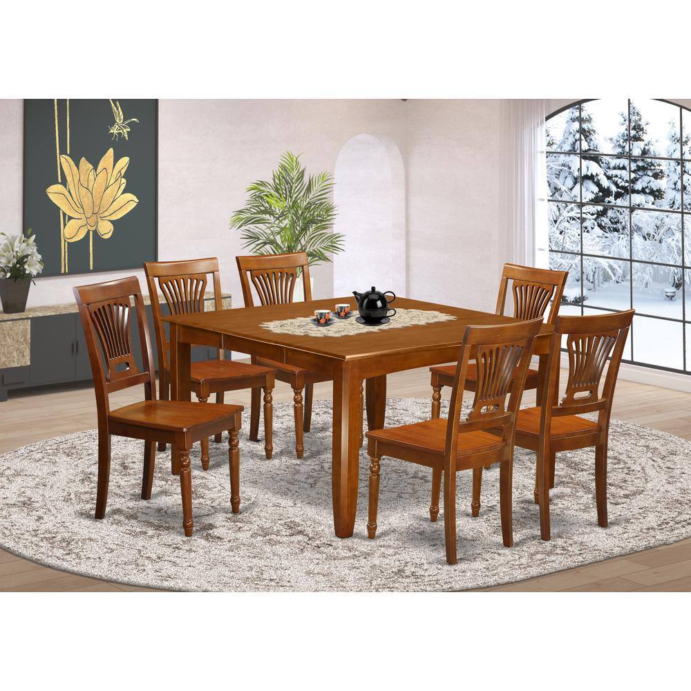 Back. East West Furniture - 7 Pc Dining room set for 6-Square Dining Table with Leaf and with 6 Dining Chairs - Saddle Brown.