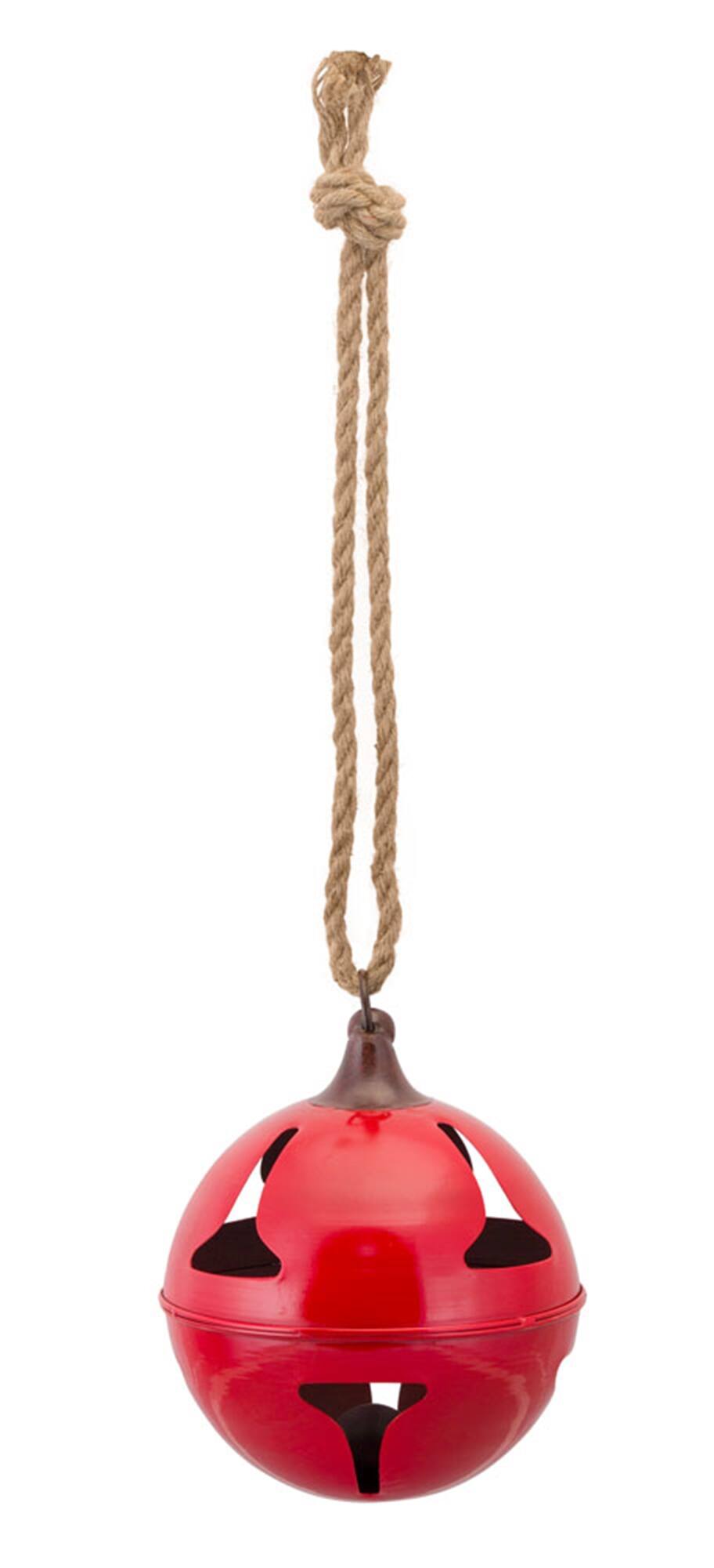 Angle. BreeBe - Red Metal Sleigh Bell with Jute Hanger (Set of 2) - Red, Brown.