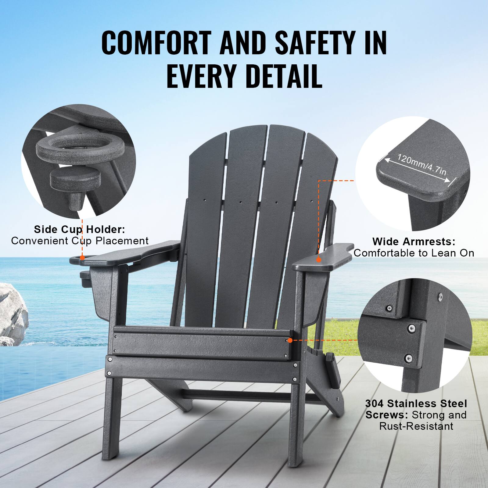 COMFORT AND SAFETY IN EVERY DETAIL

- Side Cup Holder: Convenient Cup Placement
- Wide Armrests: Comfortable to Lean On
- 304 Stainless Steel Screws: Strong and Rust-Resistant