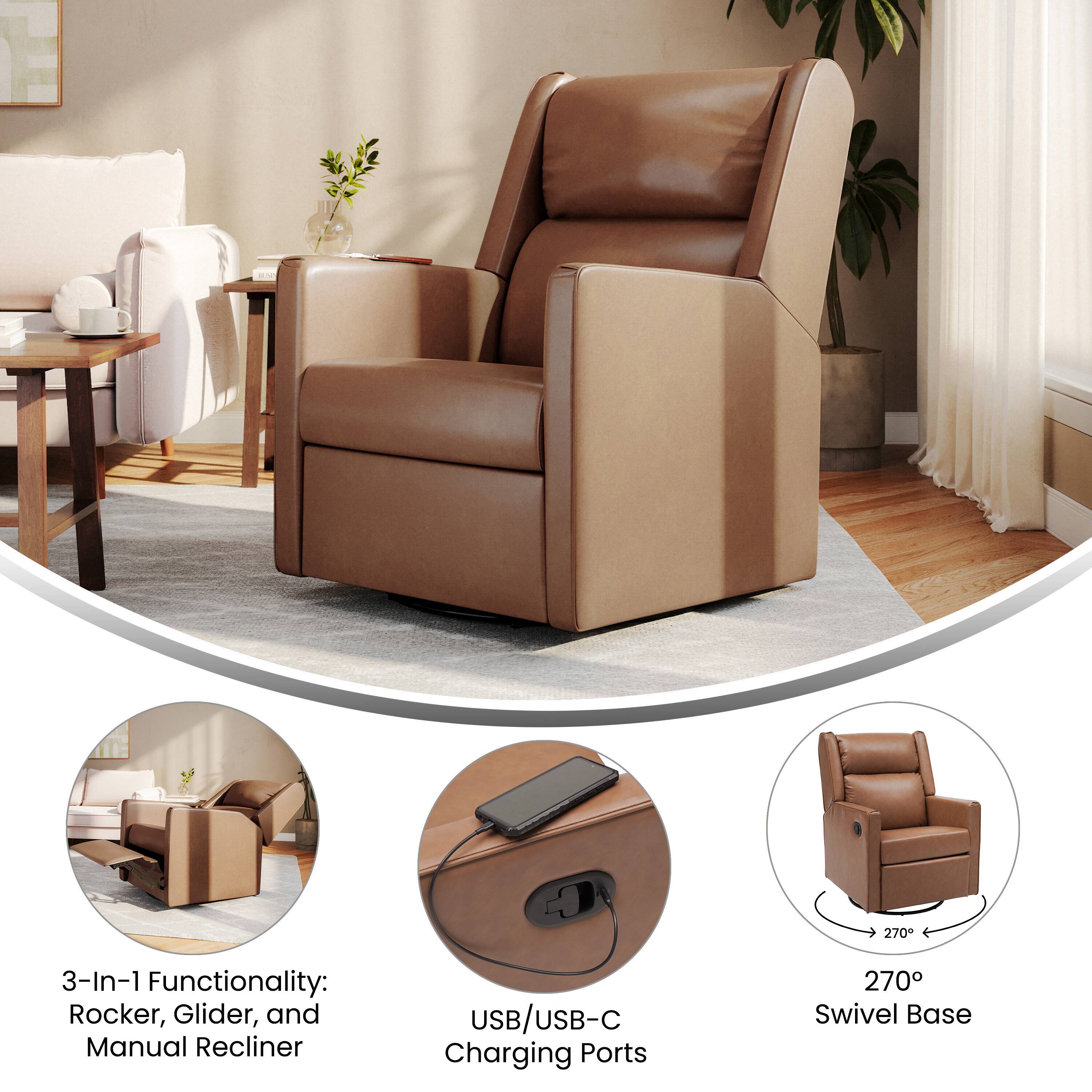 3-In-1 Functionality: Rocker, Glider, and Manual Recliner  
USB/USB-C Charging Ports  
270° Swivel Base