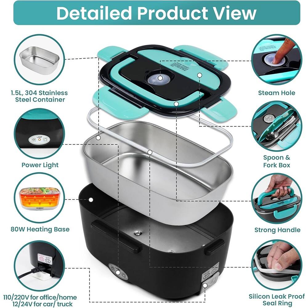 Detailed Product View

- 1.5L, 304 Stainless Steel Container
- Power Light
- 80W Heating Base
- 110/220V for office/home
- 12/24V for car/ truck
- Steam Hole
- Spoon & Fork Box
- Strong Handle
- Silicon Leak Proof Seal Ring