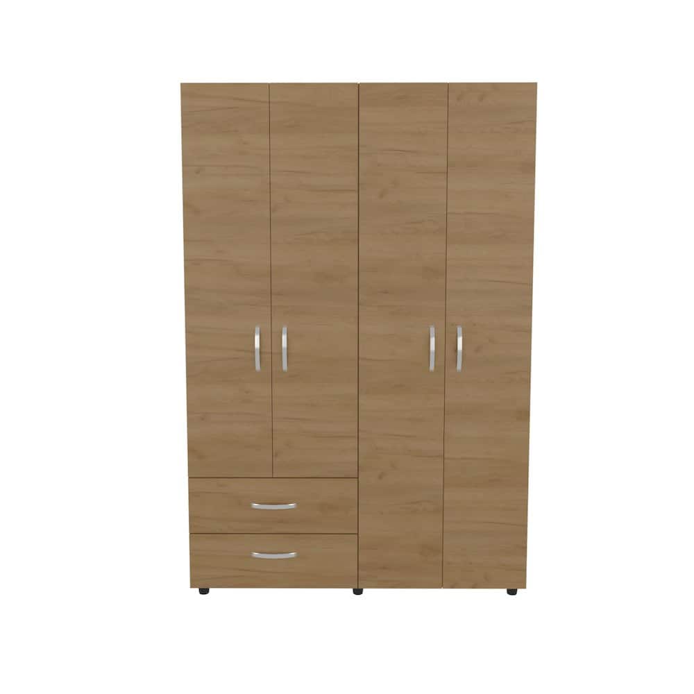 TuHome - Armoire with 4 Doors, 2 Drawers, And 2 Hanging Rod, Storage Cabinet, Natural Oak - Brown