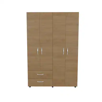 Front. TuHome - Armoire with 4 Doors, 2 Drawers, And 2 Hanging Rod, Storage Cabinet, Natural Oak - Brown.
