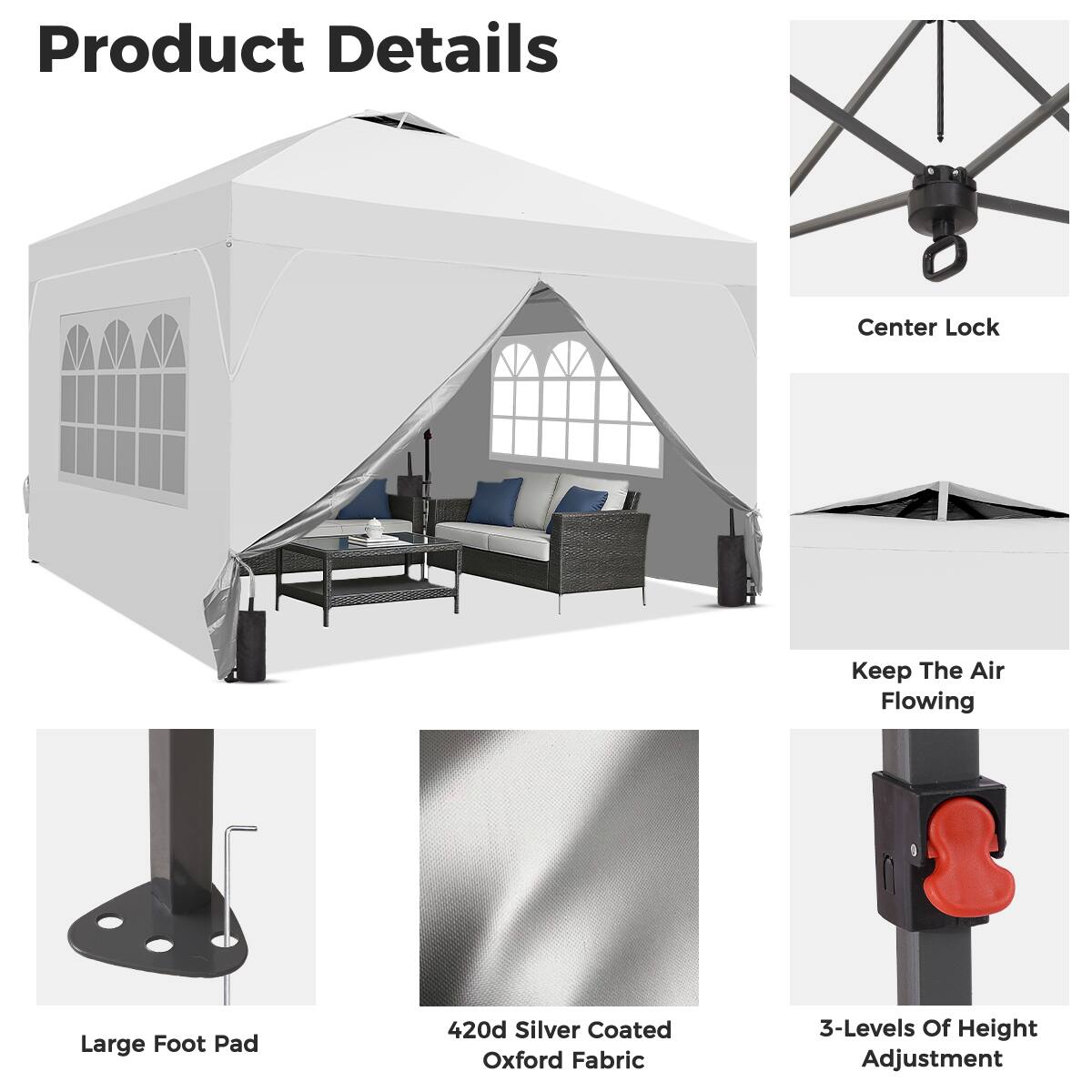 Product Details

- Center Lock
- Keep The Air Flowing
- Large Foot Pad
- 420d Silver Coated Oxford Fabric
- 3-Levels Of Height Adjustment