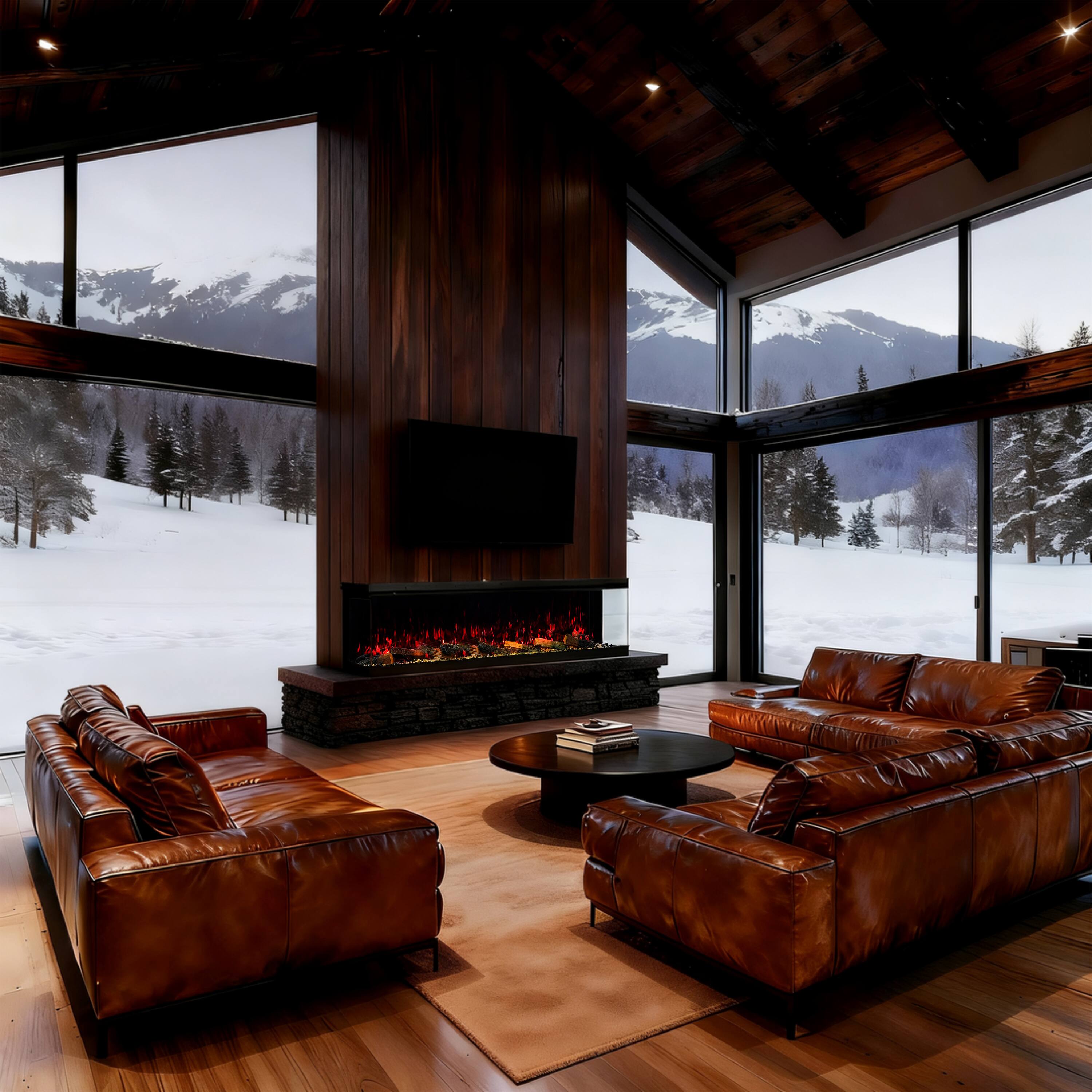 Angle. Mondawe - 60" Recessed/Wall Mounted 3-Sided Electric Fireplace with App and Wifi Smart Control, 1500W/3000W PTC Ceramic Heating - Black.