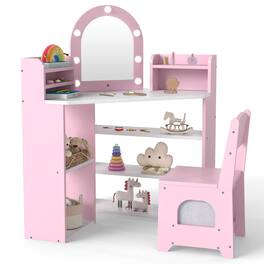 Costway - Corner Kids Vanity with Lights, 3 Storage Shelves, 5 Open Compartments, Accessories - Pink + White