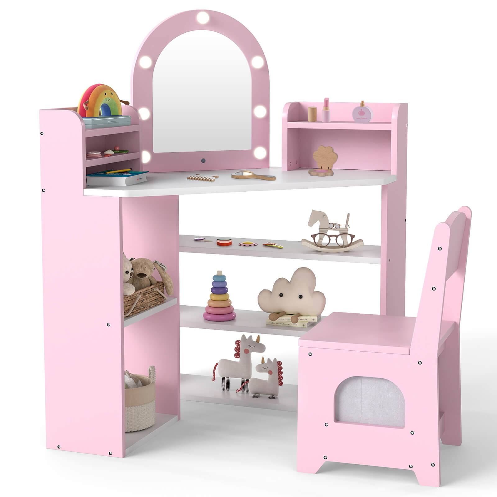 Front. Costway - Costway Corner Kids Vanity with Lights, 3 Storage Shelves, 5 Open Compartments, Accessories - Pink + White.