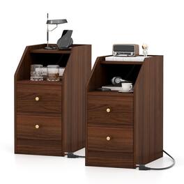 Costway - Set of 2 Side Tables with Charging Station Storage Drawers for Small Space Bedroom - Walnut