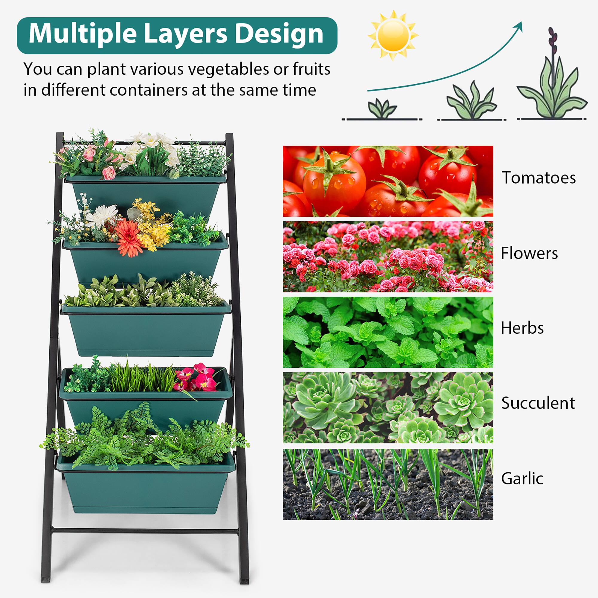 Multiple Layers Design: You can plant various vegetables or fruits in different containers at the same time. Tomatoes, Flowers, Herbs, Succulent, Garlic.