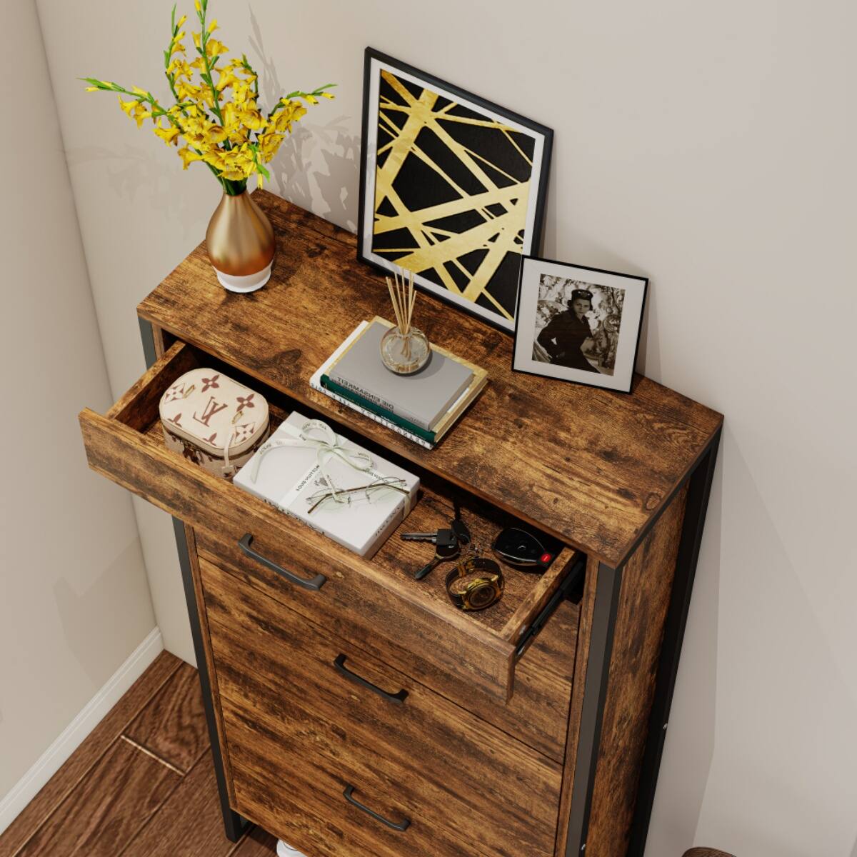 Alt View 5. Halitaa - Freestanding Shoe Cabinet with 3 Flip Drawers - Space-Saving Design,Easy-Access Storage for Apartments & Small Homes - Brown.