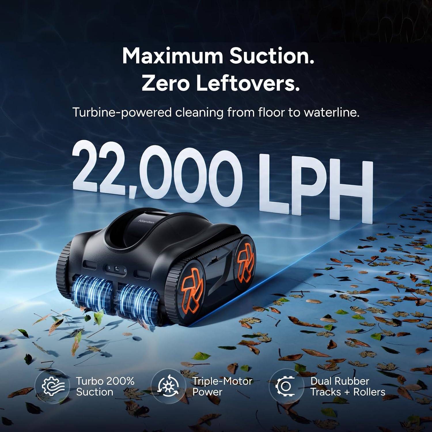 Maximum Suction. Zero Leftovers.  
Turbine-powered cleaning from floor to waterline.  
22,000 LPH  

Turbo 200% Suction  
Triple-Motor Power  
Dual Rubber Tracks + Rollers