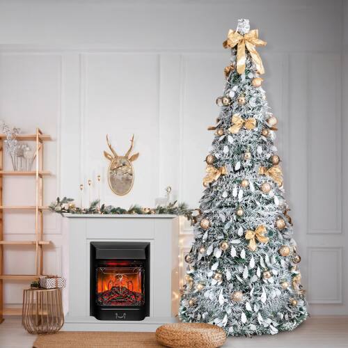 Alt View 1. Winado - 7FT Snow Flocked Pre-lit Artificial Christmas Tree Pop Up with Light Ornaments Collapsible for Indoor Holiday Decoration - Snow Flocked Green.