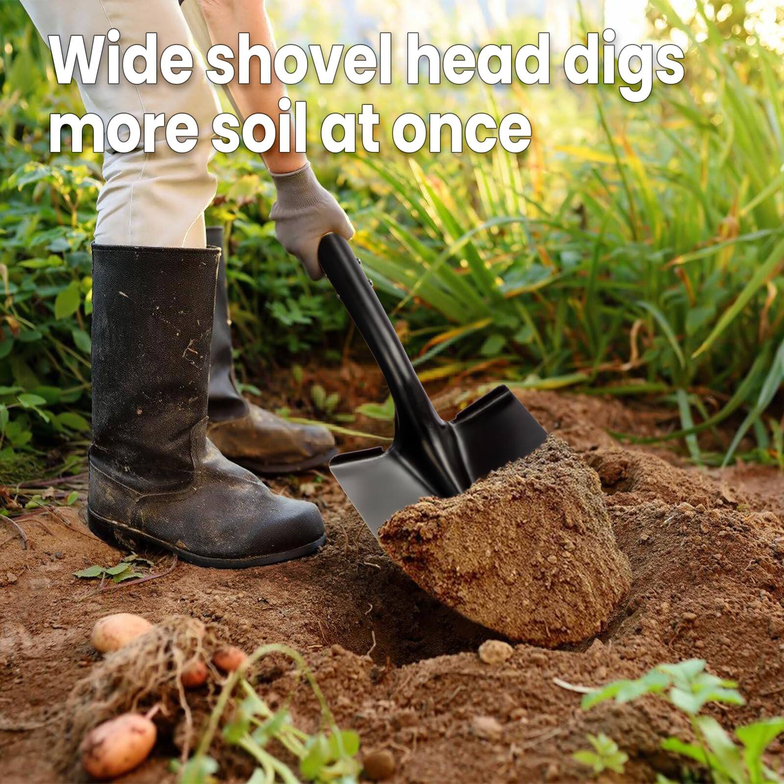 Wide shovel head digs more soil at once