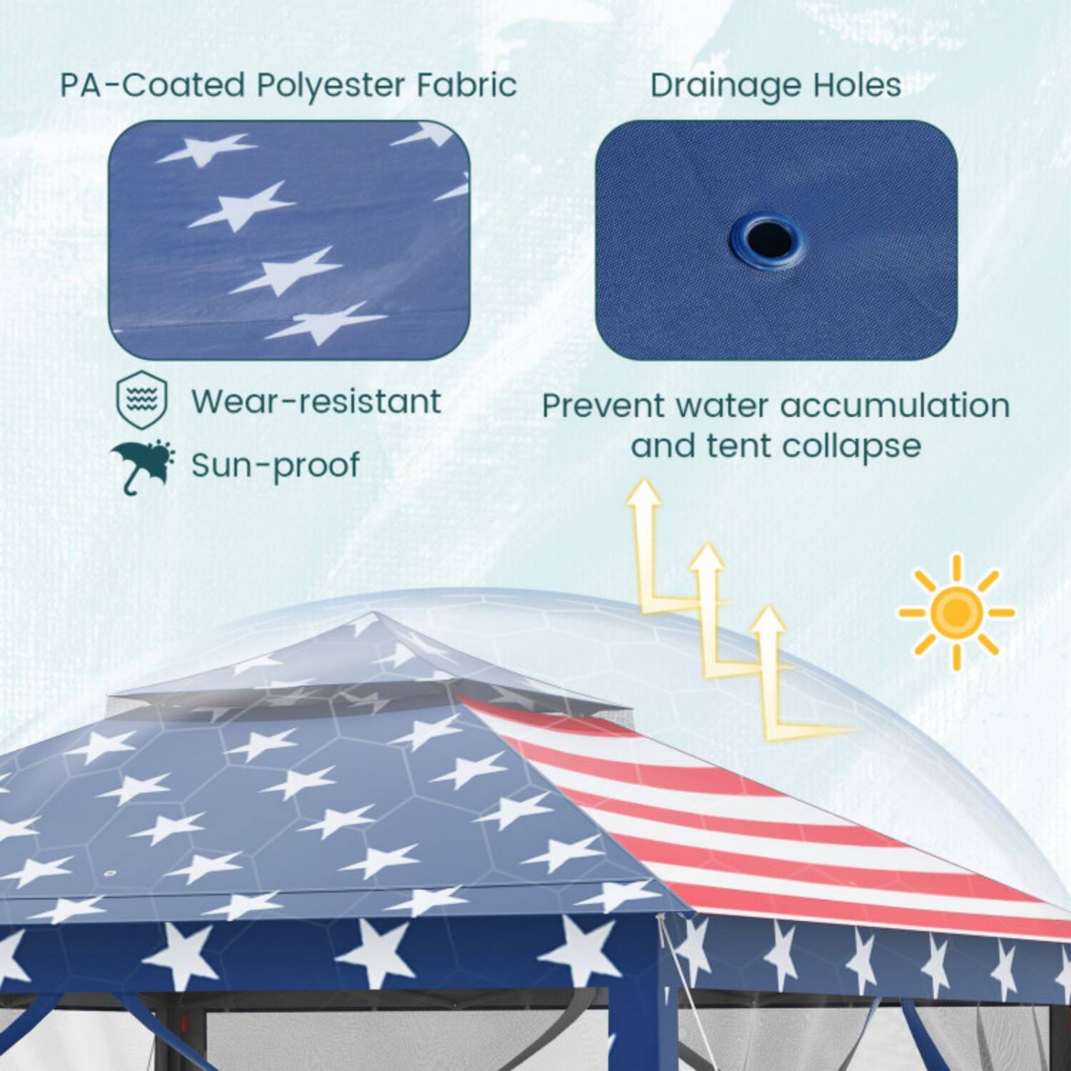 PA-Coated Polyester Fabric  
- Wear-resistant  
- Sun-proof  

Drainage Holes  
- Prevent water accumulation and tent collapse