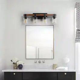 LUCKY ONE - 27in Rustic 4-Light Vanity Light, Industrial Farmhouse Bathroom Sconce with Wood Accent - Walnut